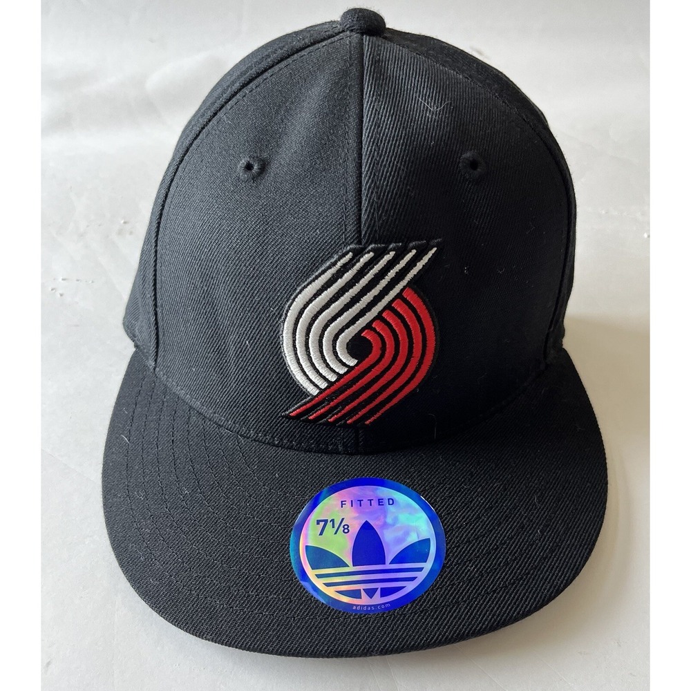 Adidas Portland Trail Blazers Fitted Hat Black Red NBA Basketball Size 7 1/8